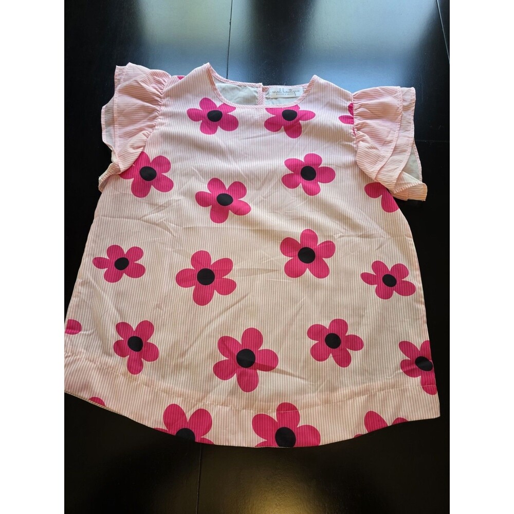 Mod Boutique Pink Striped Floral Blouse M Ruffle Sleeve Retro Flower Power Top